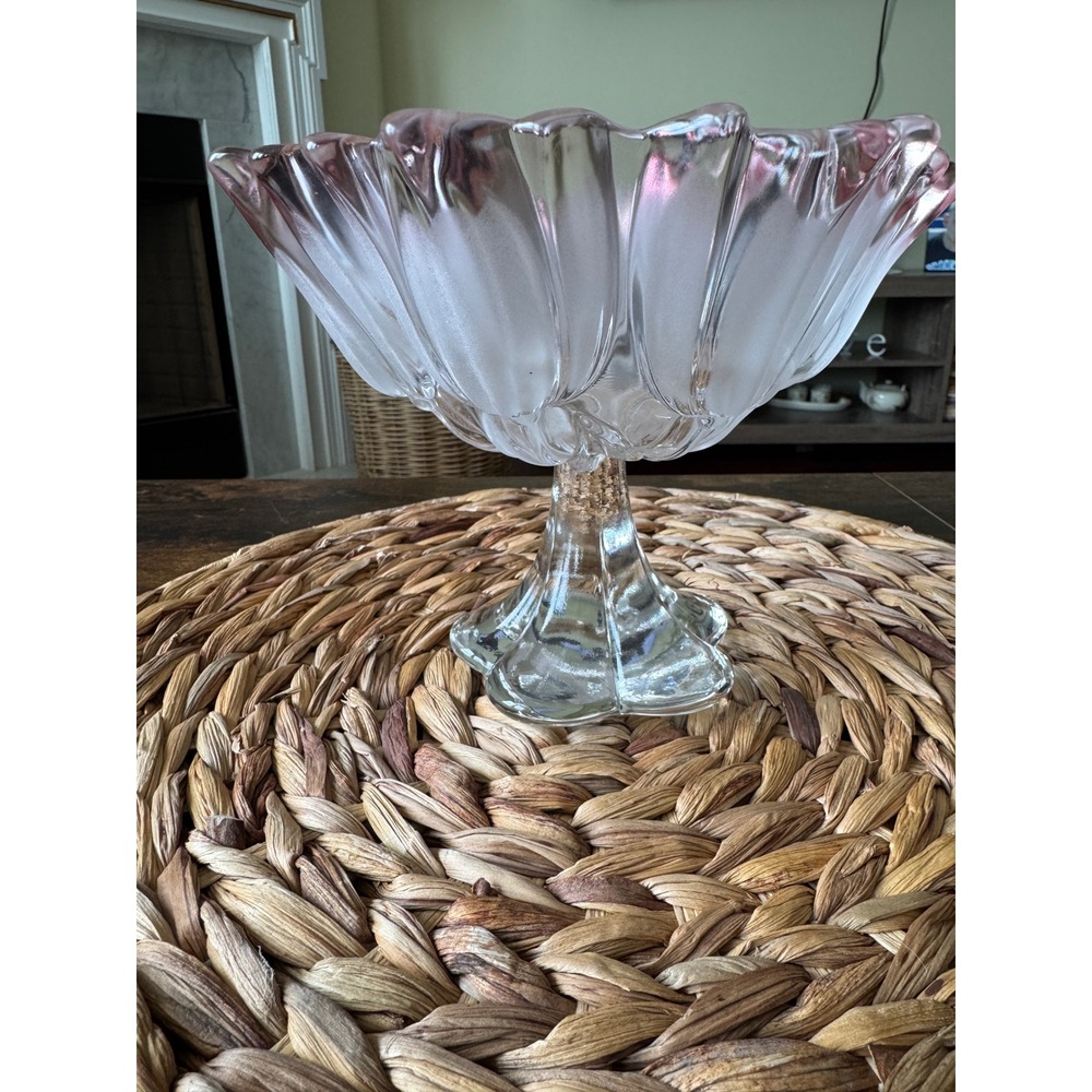 Vintage Frosted Glass Tulip Pedestal Bowl Pink Tipped Scalloped Floral Compote